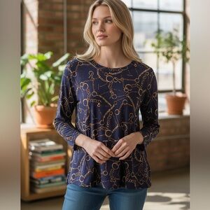 Gucci Vibes! Anne Klein Navy & Gold Chain Long Sleeve Top Size Large 3/4 Sleeve